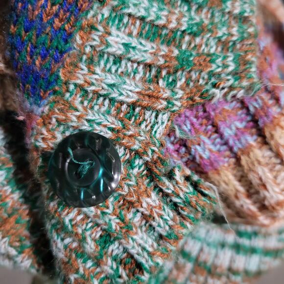 Vintage Hand Loomed Knit Cardigan Sweater Green Marled Rainbow Stripe 70s Medium - Picture 9 of 16